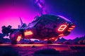 Extraterrestrial spaceship on the alien planet sorrounded with neon glowing lights generative ai illustration