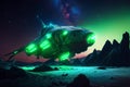 Extraterrestrial spaceship on the alien planet sorrounded with neon glowing lights generative ai illustration