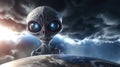 Big-eyed alien looking at earth in front of dark clouds, Unidentified Flying Object Generative ai