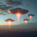 Extraterrestrial visitation UFO disc in the sky, mysterious flying saucers
