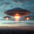 Extraterrestrial visitation UFO disc in the sky, mysterious flying saucers