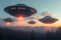 Extraterrestrial visitation UFO disc in the sky, mysterious flying saucers