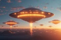 Extraterrestrial visitation UFO disc in the sky, mysterious flying saucers