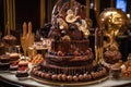 an extravagant chocolate cake with a towering frosting and piped design, surrounded by other decadent desserts