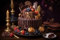 an extravagant chocolate cake with a towering frosting and piped design, surrounded by other decadent desserts