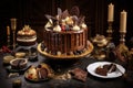 an extravagant chocolate cake with a towering frosting and piped design, surrounded by other decadent desserts