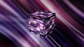 An extravagant cube artifact, mysterious Pandora's box. Motion. 3D opening glowing digital box on striped shimmering