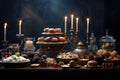 An extravagant display of delectable meals and glowing candles adorning a well-set table, A Hanukkah celebration, with a lit