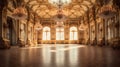 An Extravagant European Ballroom, Palace Styled Room With Large Windows and Natural Lighting, a Chandelier Hanging From the