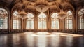 An Extravagant European Ballroom, Palace Styled Room With Large Windows and Natural Lighting, a Chandelier Hanging From the