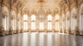 An Extravagant European Ballroom, Palace Styled Room With Large Windows and Natural Lighting, a Chandelier Hanging From the