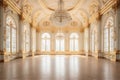An Extravagant European Ballroom, Palace Styled Room With Large Windows and Natural Lighting, a Chandelier Hanging From the