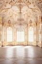 An Extravagant European Ballroom, Palace Styled Room With Large Windows and Natural Lighting, a Chandelier Hanging From the