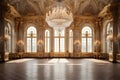 An Extravagant European Ballroom, Palace Styled Room With Large Windows and Natural Lighting, a Chandelier Hanging From the