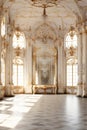 An Extravagant European Ballroom, Palace Styled Room With Large Windows and Natural Lighting, a Chandelier Hanging From the