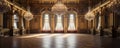 An Extravagant European Ballroom, Palace Styled Room With Large Windows and Natural Lighting, a Chandelier Hanging From the Royalty Free Stock Photo