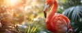 Extravagant flamingo in glamorous attire among tropical paradise setting exuding charm. Concept Tropical Paradise, Glamorous