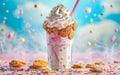 Extravagant milkshake topped with cookies and whipped cream, amidst a sprinkle explosion.