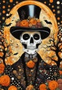 Extravagant ornate Halloween skeleton portrait illustration