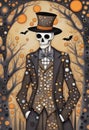 Extravagant ornate Halloween skeleton portrait illustration