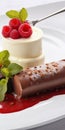 An excellent treat: white and dark chocolate cannelloni with delicate mascarpone mousse and raspberries Royalty Free Stock Photo