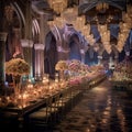 Extravagant Reception Buffet Setup in Watercolor Art Style