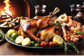 Extravaganza on a Platter: Assorted Non-Vegetarian Delicacies, Succulent Roasted Chicken Lying by a Stack of Glazed Indulgence