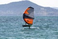 Hyeres, Almanarre beach, France, July 10, 2021. Extreem water sport - wing foil, kite surfing, wind surfindg, windy day on