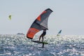 Hyeres, Almanarre beach, France, July 10, 2021. Extreem water sport - wing foil, kite surfing, wind surfindg, windy day on