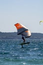 Hyeres, Almanarre beach, France, July 10, 2021. Extreem water sport - wing foil, kite surfing, wind surfindg, windy day on