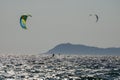 Hyeres, Almanarre beach, France, July 10, 2021. Extreem water sport - wing foil, kite surfing, wind surfindg, windy day on