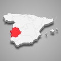 Extremadura region location within Spain 3d map