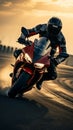 Extreme athlete on a sport bike races fast at sunset