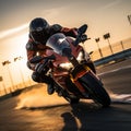 Extreme athlete on a sport bike races fast at sunset