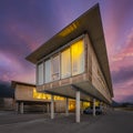 Extreme bottom up perspective of low energy timber construction office building at night with