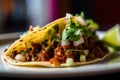 Extreme close-up of a beef taco on a plate, showing the juicy and tender meat filling, the crispy and slightly charred shell