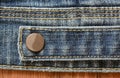 Extreme close up of blue denim texture with fixed button