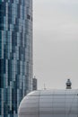 Extreme close up building windows. Vertical view of modern commercial office building with vertical windows, architectural Royalty Free Stock Photo