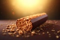 Extreme close-up of a chocolate porous stick on a dark brown table. Breaking sweetness and pieces of goodies around. Generated by