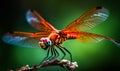 Extreme close up of a colorful dragon fly. Bright insect sitting on a stick at blurred backdrop. Generative AI Royalty Free Stock Photo