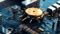 Extreme close up of computer chip reveals intricate semiconductor circuitry generated by AI Royalty Free Stock Photo