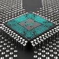 Extreme Close- Up of a Computer Microprocessor with Glowing Teal Circuitry and Pins computer chip Royalty Free Stock Photo
