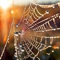 Extreme close-up of a dewdrop on a spider web, sparkling in morning sun, intricate web patterns