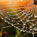 Extreme close-up of a dewdrop on a spider web, sparkling in morning sun, intricate web patterns