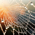 Extreme close-up of a dewdrop on a spider web, sparkling in morning sun, intricate web patterns