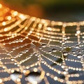 Extreme close-up of a dewdrop on a spider web, sparkling in morning sun, intricate web patterns