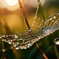 Extreme close-up of a dewdrop on a spider web, sparkling in morning sun, intricate web patterns