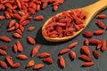 Extreme close up of dried organic goji berry fruits wolfberries in a wooden spoon on a black stone surface Royalty Free Stock Photo