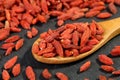 Extreme close up of dried organic goji berry fruits wolfberries in a wooden spoon on a black stone surface. Selective focus and Royalty Free Stock Photo