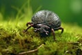 extreme close-up of dung beetle rolling ball on grass Royalty Free Stock Photo